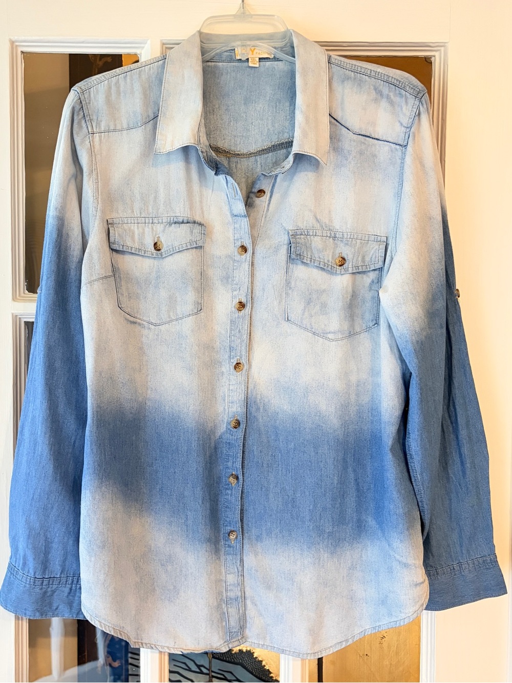 ICY Fashion Ombre Denim Shirt SZ 1XL Dip Dye Chambray Button Down Roll Tab